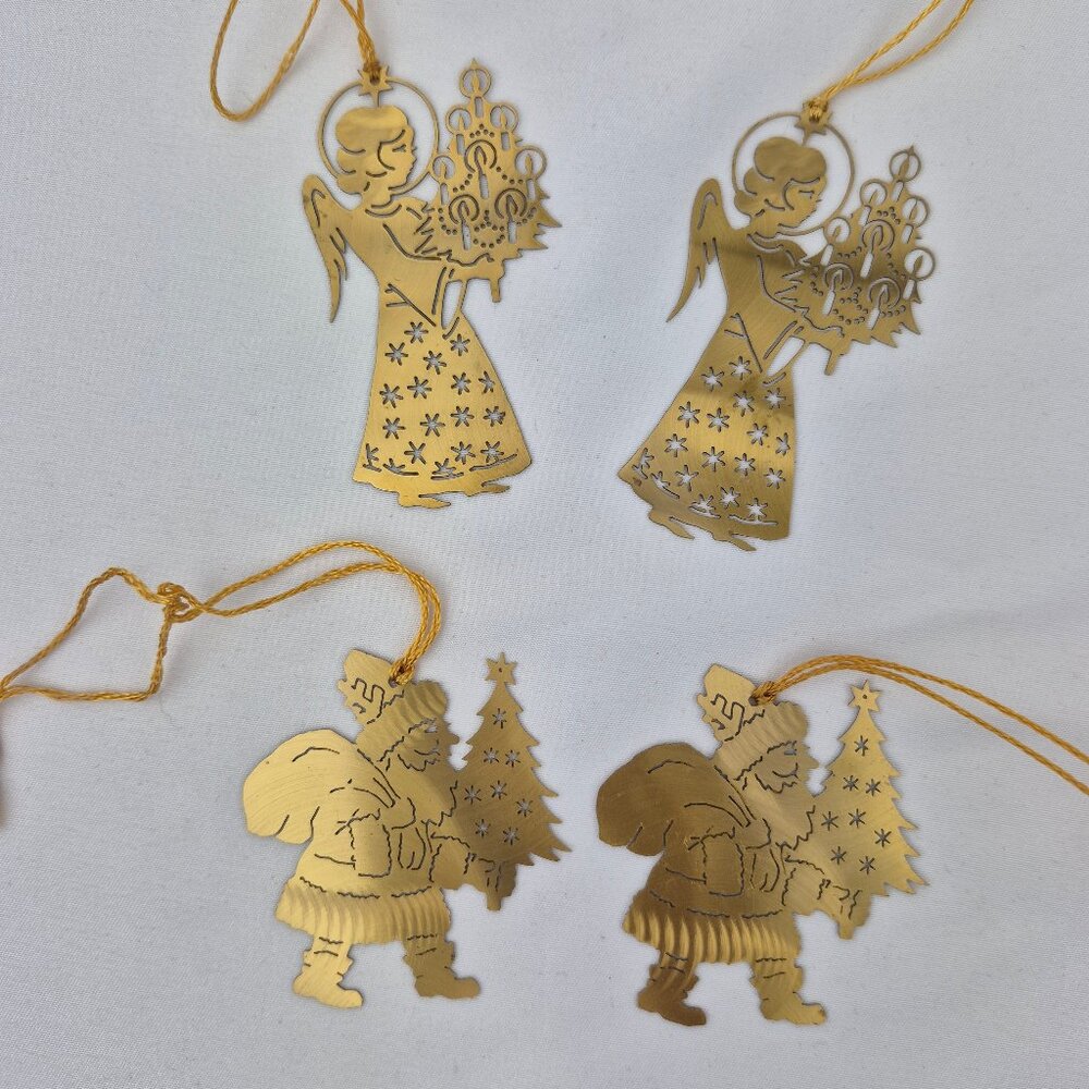 Vintage Lot of 4 Ornate Laser Cut Out Brass Ornaments 2 Angels & 2 Santa Claus